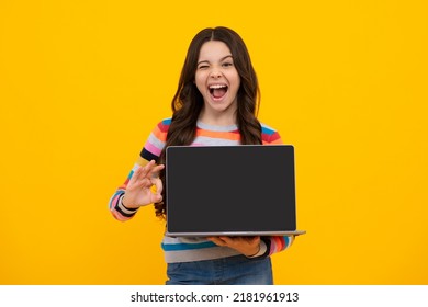 Amazed Teenager. Student School Girl With Laptop On Isolated Studio Background. Screen Of Laptop Computer With Copyspace Mockup. Excited Teen Schoolgirl.