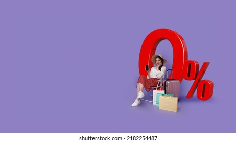 Amazed Tourist Woman Showing Phone With 0% Interest Installment Payment Plan Promotion Against Purple Background With Copy Space.