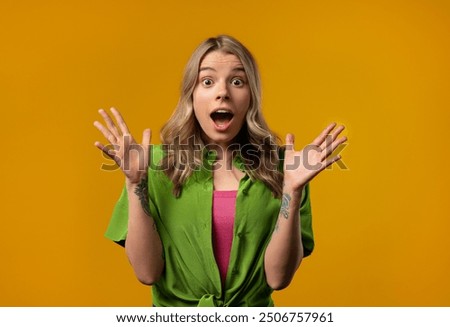 Similar – Image, Stock Photo Amazed woman, she expresses WOW. Impressed lady on yellow background. Great news