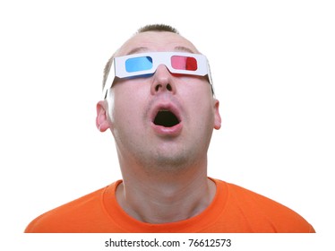 Amazed Young Man With 3d Anaglyph Glasses Watching Cinema