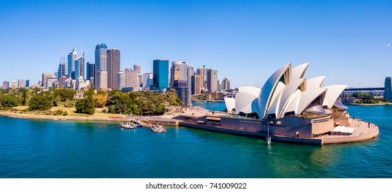 Amazing Aerial Footage View Of The Sydney City From Above With Harbour Bridge, Opera House Ant The Harbour. April 10, 2016. Sydney, Australia. 