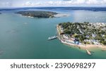amazing aerial panorama view of National Trust Brownsea Island in Bournemouth, Poole and Dorset, England. Wide angle daytime