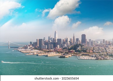 Amazing aerial skyline of San Francisco from helicopter, California - USA.