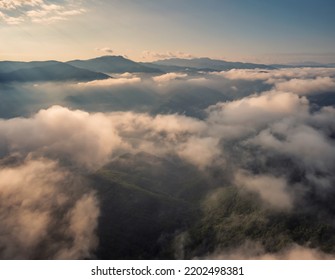 Amazing aerial view of beautiful low clouds creeping on the tree-covered mountain slopes, the Rhodopes in Bulgaria at sunrise	 - Powered by Shutterstock