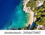 Amazing aerial view of the beautiful Podrace beach in Brela, Makarska Riviera, Croatia. Aerial view of Podrace beach and waterfront on Makarska riviera, Brela, Dalmatia region of Croatia.