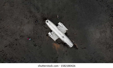 Amazing aerial view from drone of famous Airplane Wreckage in Solheimasandur Black Beach, Iceland.