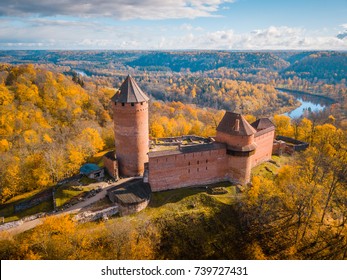 Amazing Aerial View Over The Turaida Castle During Golden Hours, Sunset Time, Sigulda, Latvia, Touristic Place, Beautiful Wallpaper