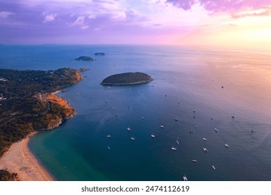 Amazing aerial view sunset above Nai Harn beach with windmill. Viewpoint Rawai of Phuket, Thailand travel. - Powered by Shutterstock