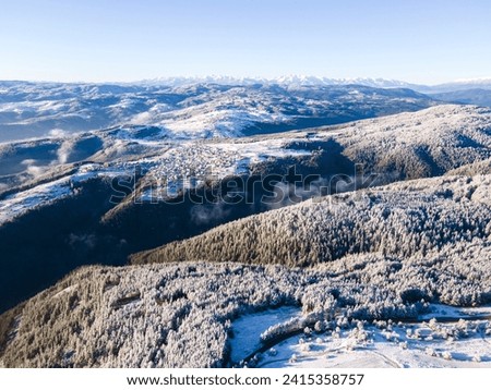 Amazing Aerial Winter view of Yundola area between Rila and Rhodopes mountain, Bulgaria