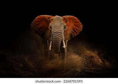 Amazing African elephant with dust and sand on black background. A large animal runs towards the camera. Wildlife scene. Loxodonta africana