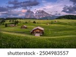 Amazing Alpe di Siusi at sunset in summer. Colorful landscape with alpine mountains in low clouds, village with wooden houses, green meadows, yellow flowers on hills, purple sky. Dolomites, Italy