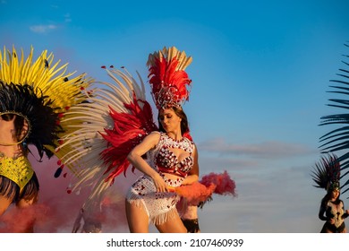 Amazing Attractive Samba Girl Holding Smoke Bomb On Samba Outdoors Party 