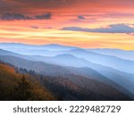 Amazing Autumn Sunrise In Smoky Mountain National Park.
Located in the Great Smoky Mountain National Park, Oconaluftee Overlook near Newfound Gap between Gatlinburg TN and Cherokee NC