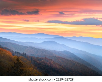 Amazing Autumn Sunrise In Smoky Mountain National Park.
Located in the Great Smoky Mountain National Park, Oconaluftee Overlook near Newfound Gap between Gatlinburg TN and Cherokee NC