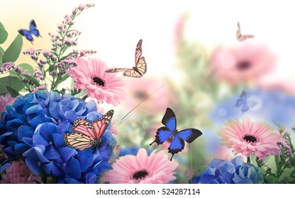 Erstaunlicher Hintergrund mit Hydrangen und Gänseblümchen. Gelbe und blaue Blumen auf weißem Leder. Blumenkarten-Natur. Bokeh-Schmetterlinge.