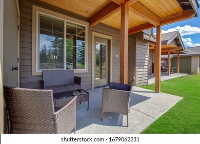 Amazing Balcony Patio With Fire Pit And Forest And Mountains View. Dream Come True Home Exterior. New American Architecture. Comfortable And Beautiful Home Details.