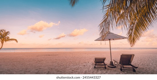 Amazing beach. Chairs umbrella sandy beach sea sky. Luxury summer holiday, vacation resort hotel for tourism. Inspire romantic tropical landscape. Tranquil scene relax coast beautiful couple paradise - Powered by Shutterstock