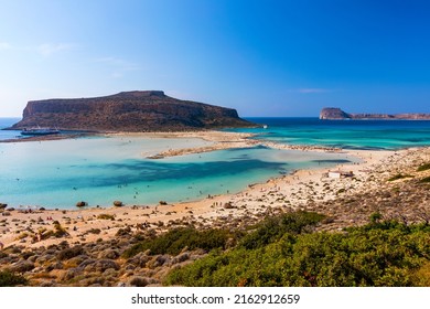 Amazing beach with turquoise water at Balos Lagoon and Gramvousa in Crete, Greece. Cap tigani in the center. Balos beach on Crete island, Greece. Landscape of Balos beach at Crete island in Greece.