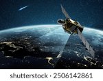 Amazing beautiful blue planet earth with satellite view from space. Horizon Earth with the lights of night cities. Communication and Telecommunications. Broadcasting. Europe and the Middle East