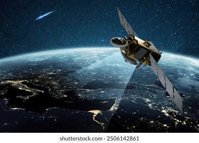 Amazing beautiful blue planet earth with satellite view from space. Horizon Earth with the lights of night cities. Communication and Telecommunications. Broadcasting. Europe and the Middle East