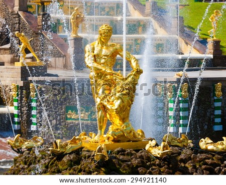 amazing beautiful landscape old historical garden building palace golden sculpture statues and fountains spray water Peterhof city saint petersburg north country russia UNESCO world heritage luxury 