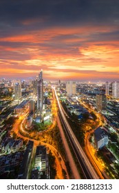 Amazing beautiful view of midtown Bangkok city skyline and skyscraper at sunset.