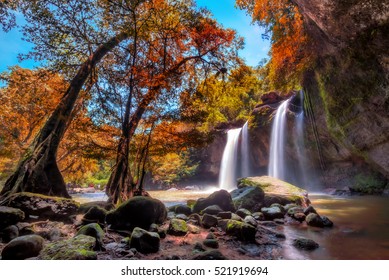 Amazing beautiful waterfalls at Haew Suwat Waterfall in Khao Yai National Park, Thailand