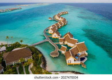 Amazing Bird Eyes View In Maldives Island Eh'mafushi Crossroads Maldives At Sunrise. Aerial Drone Shot. Saii Lagoon And Hard Rock Hotel. July 2021