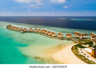 Amazing Bird Eyes View In Maldives Island Eh'mafushi Crossroads Maldives At Sunrise. Aerial Drone Shot. Saii Lagoon And Hard Rock Hotel. July 2021