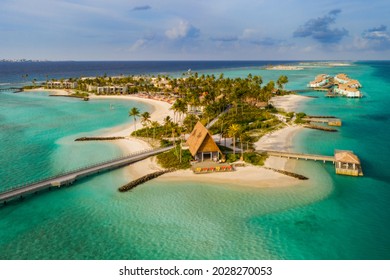 Amazing Bird Eyes View In Maldives Island Eh'mafushi Crossroads Maldives At Sunrise. Aerial Drone Shot. Hard Rock Hotel. July 2021