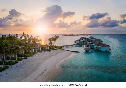 Amazing Bird Eyes View In Maldives Island Eh'mafushi Crossroads Maldives At Sunrise. Aerial Drone Shot