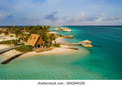 Amazing Bird Eyes View In Maldives Island Eh'mafushi Crossroads Maldives At Sunrise. Aerial Drone Shot. Hard Rock Hotel. July 2021