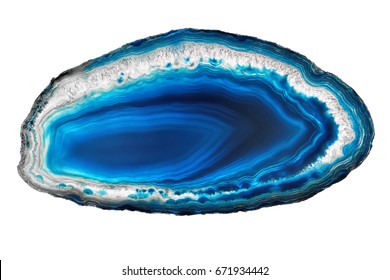 Amazing Blue Agate Crystal cross section with backlight isolated on white background. Natural translucent agate crystal surface, Blue abstract structure slice mineral stone macro closeup