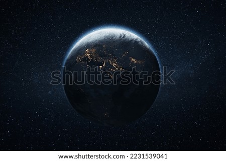 Amazing blue planet earth with lights of night cities in Europe, Africa and East in starry space. Beautiful Night Planet Earth