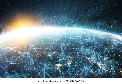 Amazing blue planet earth with lines of communication, night cities and sunrise. The concept of global mobile communication and cloud storage. Lines of abstraction and technology. Sharing data  - Shutterstock ID 2191056169