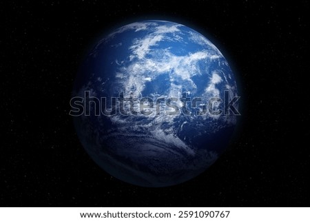Amazing blue planet Earth with world ocean and clouds in outer space on a starry sky. Alien exoplanet in dark open space.High resolution image. Elements of this image furnished by NASA
