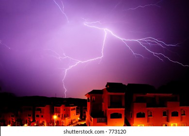 Amazing Bolt Of Lightening During Thunder Storm At Night In Spain