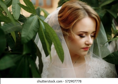 amazing bride portrait with green leaves and sensual posing. elegant woman with gorgeous make up and green floral in city street garden. wedding day. romantic moment