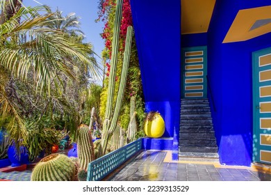 Amazing bright blue wall of villa and cacti garden next to.   One of owners   mansion   in past was was icon fashion designer Yves Saint Lauren of Majorelle 