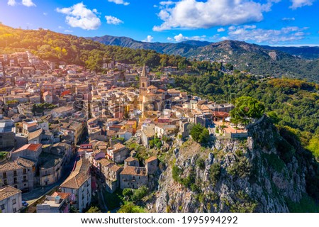 Amazing cityscape of Novara di Sicilia town. Aerial view of Novara di Sicilia, Sicily, Italy, Europe. Mountain village Novara di Sicilia, Sicily, Italy.