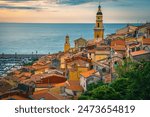 Amazing cityscape view with old town and small harbor of Menton, Provence Alpes Cote d Azur, France, Europe