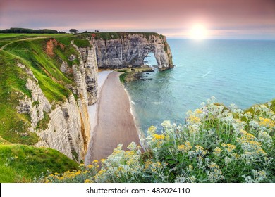 Amazing cliffs Aval of Etretat and beautiful famous coastline,Normandy,France,Europe - Shutterstock ID 482024110