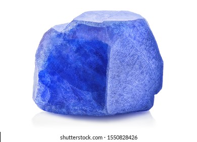 Amazing closeup macro of natural raw blue Sapphire mineral gemstone isolated on white background. High quality photo of Natural Blue Crystal rough stone from Mogok, Birma