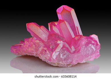 Amazing Colorful Quartz Pink Titanium Aura Crystal Cluster On Grey Gradient Background, Angel Aura Mineral