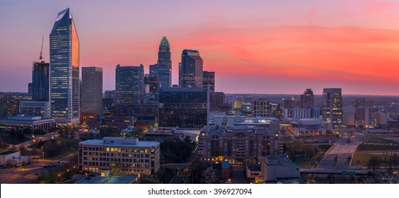 The amazing and colorful sky in Uptown Charlotte, North Carolina right before sunrise on a beautiful spring morning. 