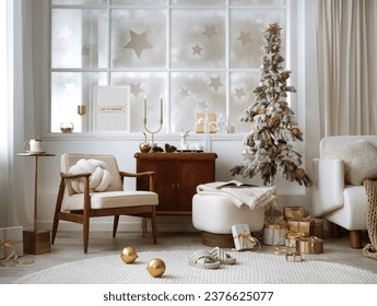 Amazing and cozy christmas living room interior with shelf, boucle armchair, pouf, mock up poster, christmas tree, gifts, decoration, lights, big window and elegant accessories. Family time. Template. - Powered by Shutterstock