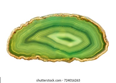 Amazing cross section of Green Agate Crystal cut isolated on white background. Natural translucent agate crystal surface, Green abstract structure slice mineral stone macro closeup