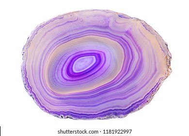 Amazing cross section of Violet Agate Crystal. Natural translucent agate crystal surface cut isolated on white background, Purple healing abstract structure slice mineral stone macro closeup