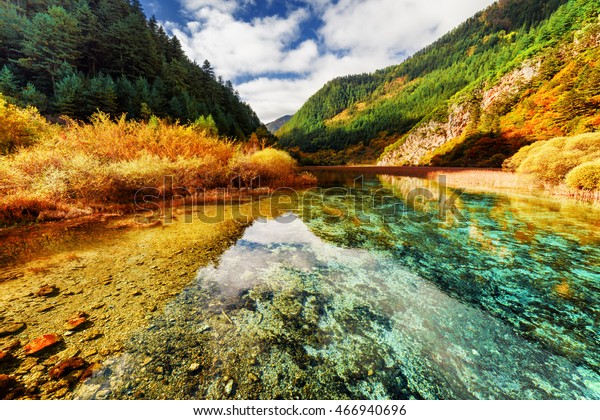Amazing Crystal Clear Water Of River In Jiuzhaigou Nature Reserve