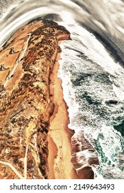 Amazing Downward Aerial View Of Australian Coastline Along Great Ocean Road.